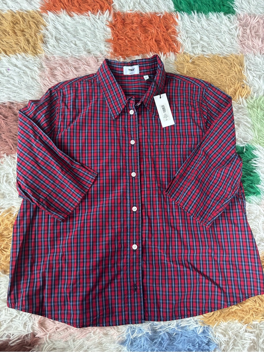 TNA Red and Navy Plaid Short-Sleeve Button-Down Shirt